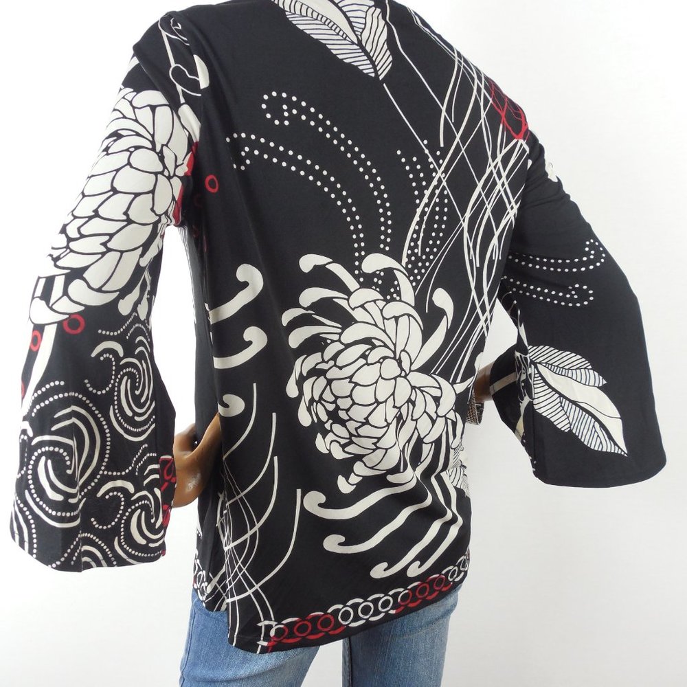 CHICO'S Top M Sz 1 Black/Red/Tan Blouse Stretch 3/4 Split Sleeves Casual Party - Picture 8 of 11